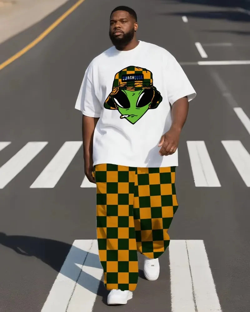 S-9XL Men's Plus Size Hip Hop Cartoon Print Short Sleeve T-shirt and Pants Two-Piece Set