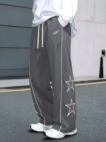 Men's Autumn Trendy Brand Five-Pointed Star Sweatpants, Loose Straight-Leg Casual Pants, Single Piece, with Drawstring Waistband and Contrasting Lines, Suitable for Street Fashion, Sports, Fitness, and Daily Commuting