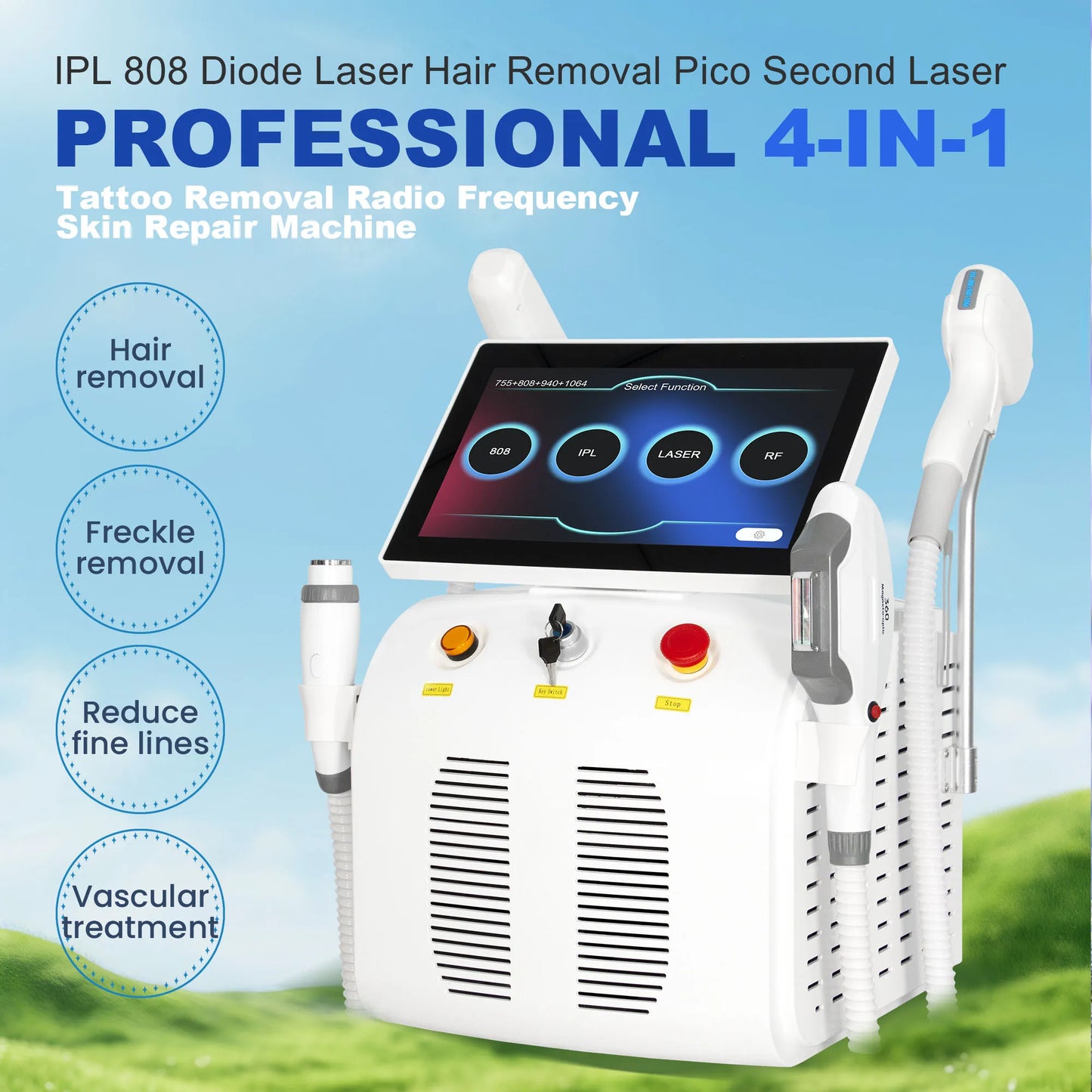 4 IN 1 Soprano Titanium Ice Platinum RF Diode 755 808 940 1064nm 4 Wave Laser ND:YAG Machine Painless Hair Removal Machine