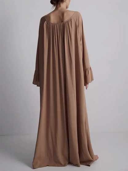 Parc Fee Casual Loose White Women Dress 2025 Elegant U-Neck Long Sleeve Floor-Length Dresses Simple Oversize Solid Female Dress