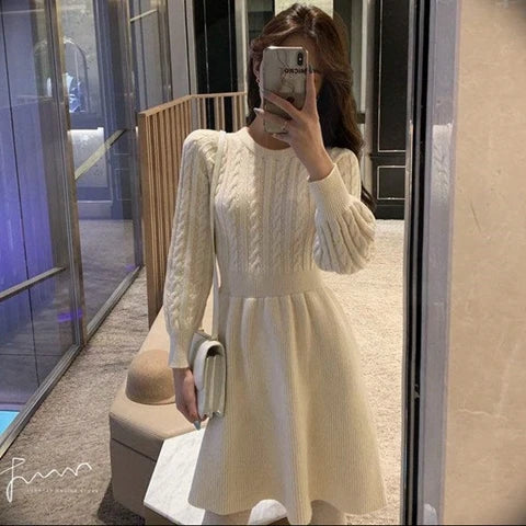 High Waist A-Line Knitted Dress Long Sleeve Base Layer Shirt Waist Cinched Black Dress Autumn Wear Korean Style Commute Dress
