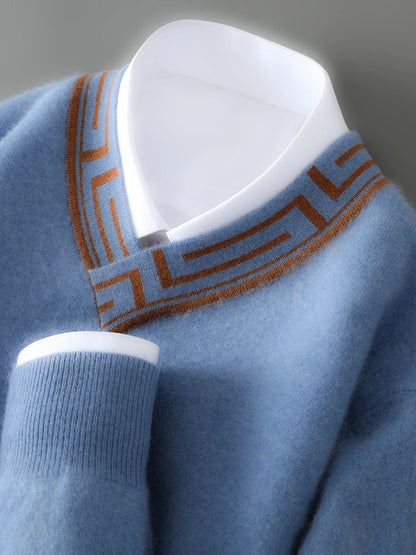 Autumn and winter new men's V-neck 100% pure cashmere sweater thick long sleeve contrast cashmere knitting fashion.