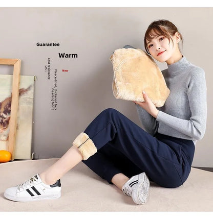plus Size Fleece Lined Thickened Lamb Velvet Casual Slim Fit Pants Winter New Loose Warm Slimming Straight Leg Sweatpants