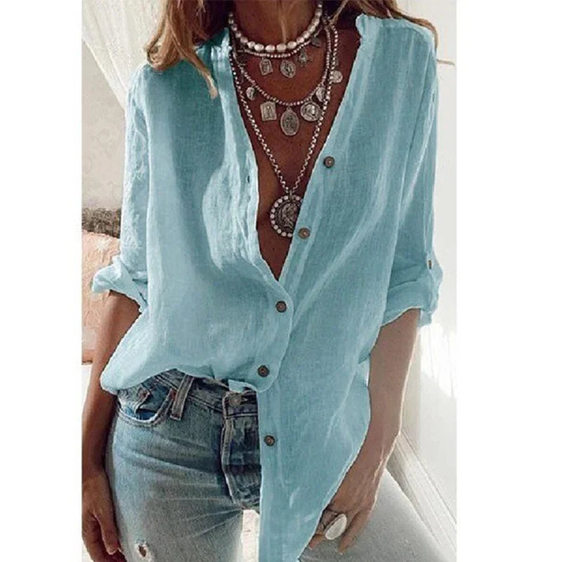 New Helisopus Summer New Women's Cotton Linen Shirt Fashion Button Solid Color Casual Loose V-Neck Long Sleeve Top Commuter Wear