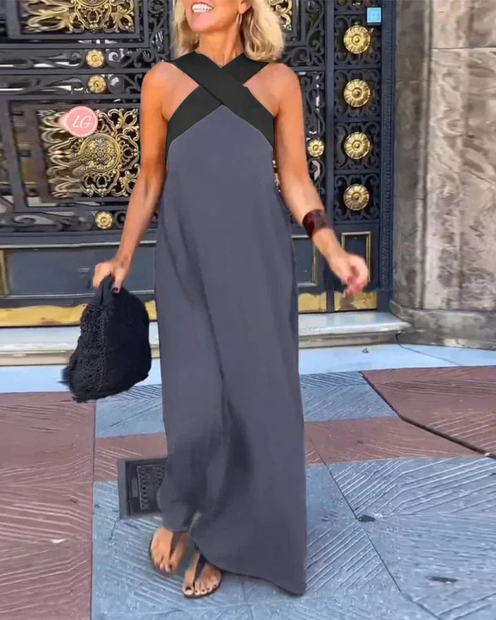 Women's Long Cross Dress Skirt European Style Mid-Waist A-Line Dress Polyester Fabric No-Sleeve Business Wear Single Piece
