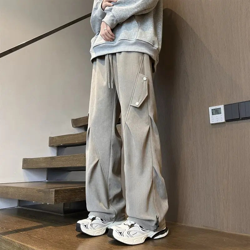 Men’s Grey Green Corduroy Pants Winter Warm Jogger Trousers Loose Straight Fit American High Street Style Cargo Utility Design