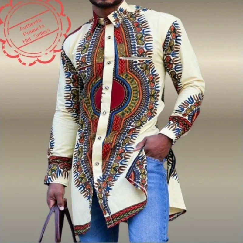 2026 Muslim Tops Men's Ethnic Style Long-sleeved Stand-up Collar Shirts Casual Slim Irregular Hem Blouses Male Morocco Dubai Top