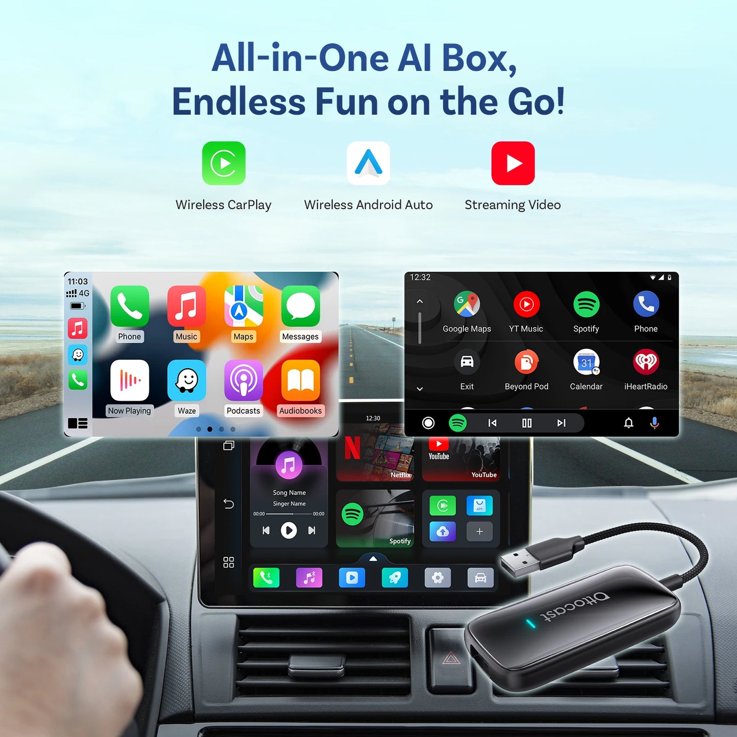OTTOCAST Play2Video Ultra Wireless CarPlay AI BoxVideo Streaming forCar YouTube Netflix IPTV Plug&Play for Factory Wired CarPlay