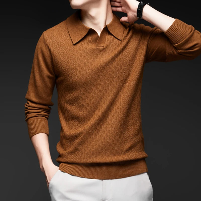 High-quality Men's Business Casual Solid Color V-neck Long Sleeve Warm Sweater, 2024 Daily Versatile POLO Shirt.M-4XL