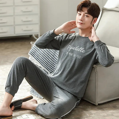 2024 Autumn Long Sleeve 100% Cotton Pajamas Sets for Men Korean Loose High Quality Sleepwear Pyjamas Male Homewear Home Clothes