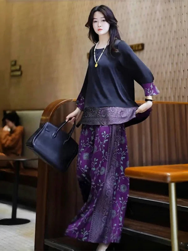 Silk Wide Leg Pants plus Size Loose Fitting Meat Covering Two Piece Set for Stylish Older Women Summer New Arrival