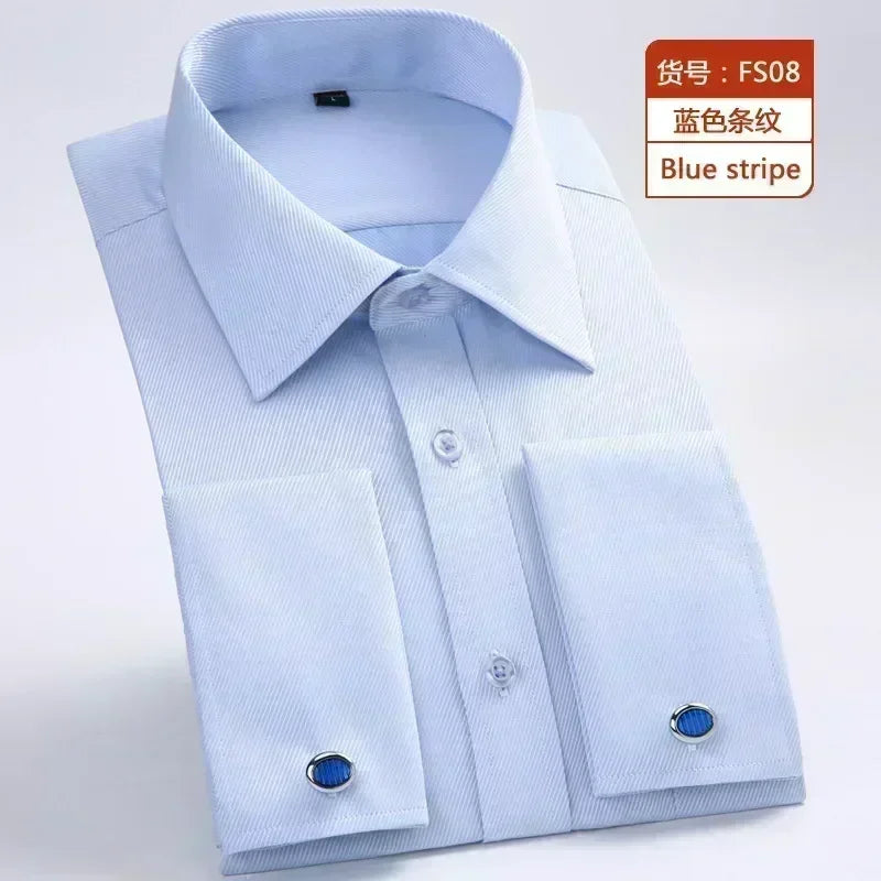 Business dress shirt, men's long sleeved light blue twill slim fit bank work uniform, simple and classic quality shirt