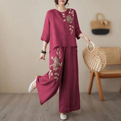 plus Size Women's Retro Cotton Linen Set Wide Leg Pants Slimming Mom Two Piece Suit Spring Fashion Korean Style Commute Wear