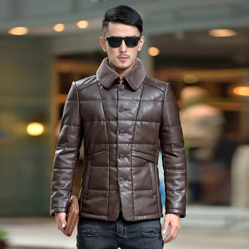 Winter Lapel Fur Collar Leather Jacket Down Jacket Men Slim Fit Korean  Down Coat Male Warm Duck Down Puffer Jacket Man 2024 New