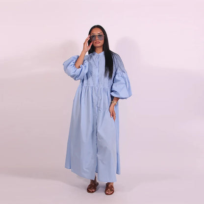 Casual Long Dress Women Solid Loose O Neck Single Breasted Full Lantern Sleeve High Waist Robe 2026 Spring Fashion Dresses Lady