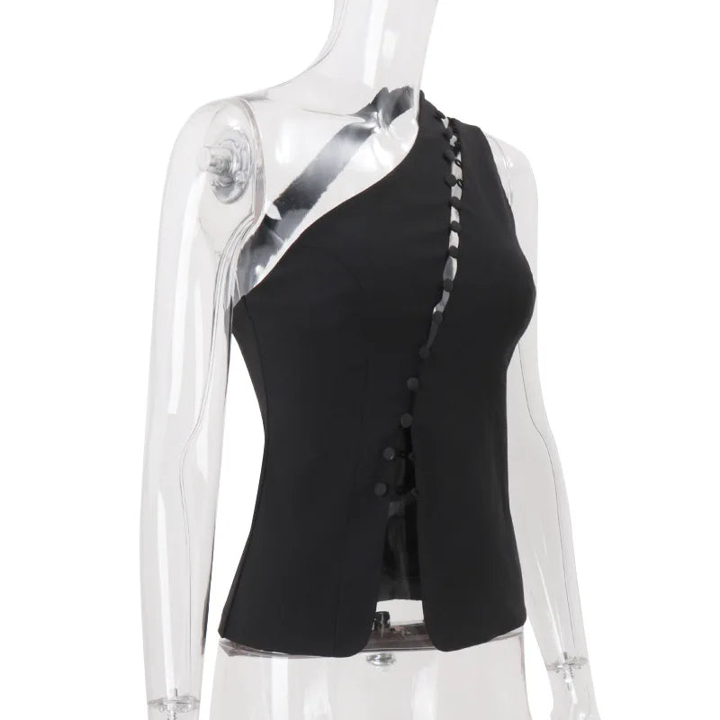 Cryptographic Elegant Asymmetrical Top with Hook and Eye Fashion Sexy Cut Out Backless Split Tops Slim Vest Summer Clothes