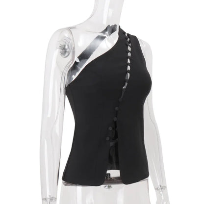 Cryptographic Elegant Asymmetrical Top with Hook and Eye Fashion Sexy Cut Out Backless Split Tops Slim Vest Summer Clothes
