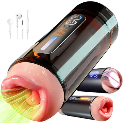 New Automatic Male Realistic Double Penetration Channel Vibration Deep Throat Vagina Heating Voice Pocket Cat Adult Sex Toy