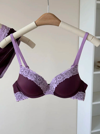 Sexy Purple Lace Lingerie Set for Women Push Up Bra No Underwire Small Bust Fit gathering Cups Lift Petite Cute Panties YUQI