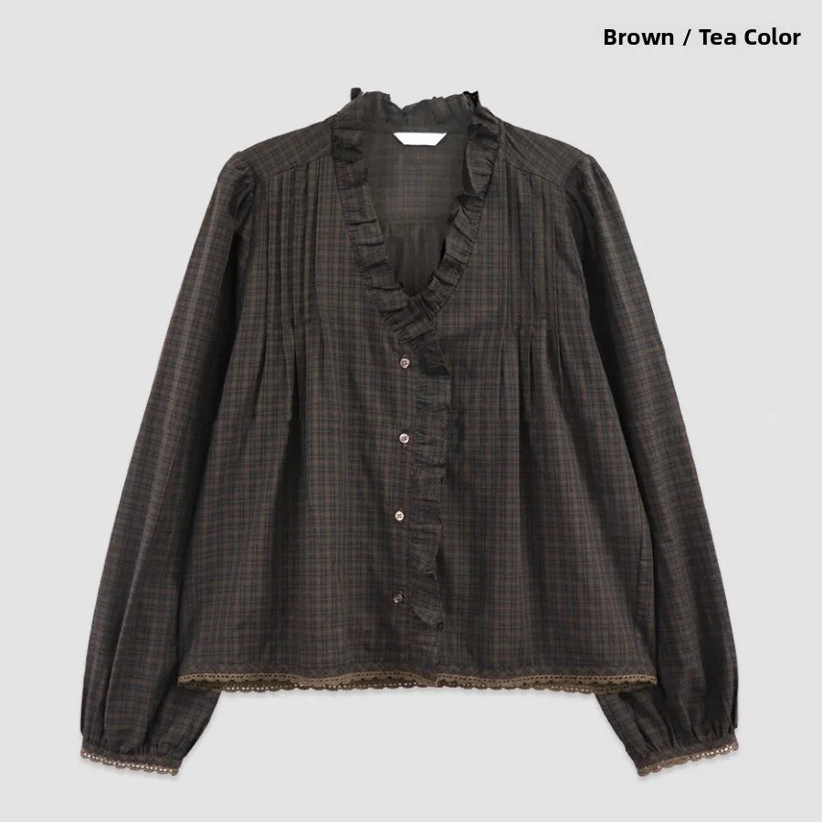 Chic V-Neck Plaid Shirt Women's Sweet Earlet Lace Trim Bubble Sleeve Top Commute Style Loose Fit Skin-Friendly Breathable