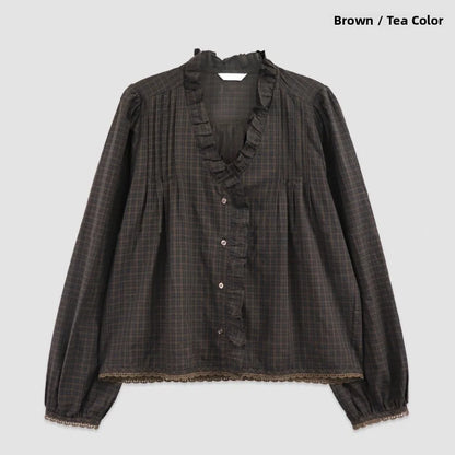 Chic V-Neck Plaid Shirt Women's Sweet Earlet Lace Trim Bubble Sleeve Top Commute Style Loose Fit Skin-Friendly Breathable