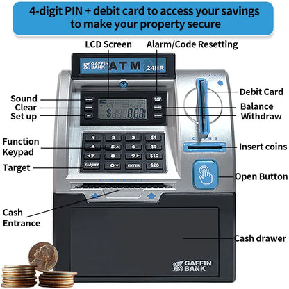 Children Mini Bank Electric ATM Machine Simulation Savings Piggy Bank with Power-Off Memory and Debit Card Pretend Toys for Kids