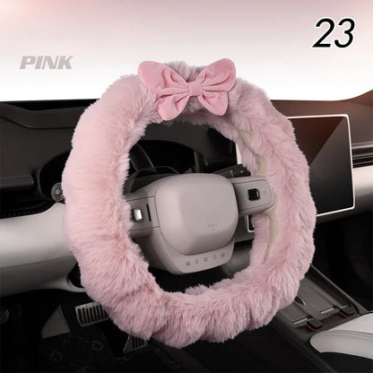 Winter Plush Car Seat Cover Bowknot Fashion Cute Women's Automotive Interior Protector Steering Wheel Warm Cushion Car Pillow