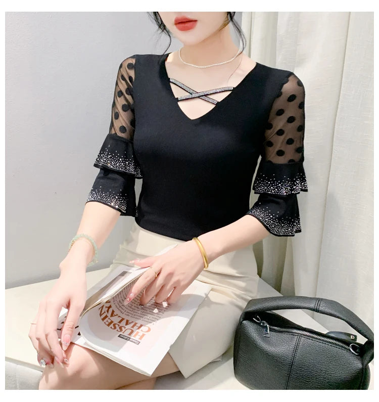 2026 Spring Summer Mesh Tops Korean Fashion Diamond T Shirt Slim 3/4 Sleeve Hollow Out Casual Women Shirt