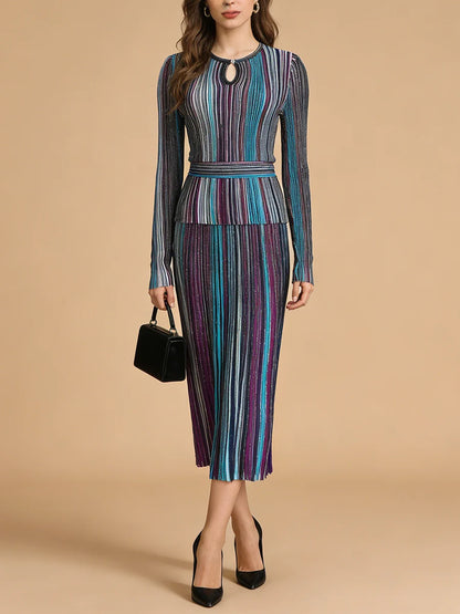 VGH Elegant Stylish Striped Knit Two Piece Set for Women Slimming Long Sleeve Pullovers Pleated Skirt Outfit for Cocktail Events