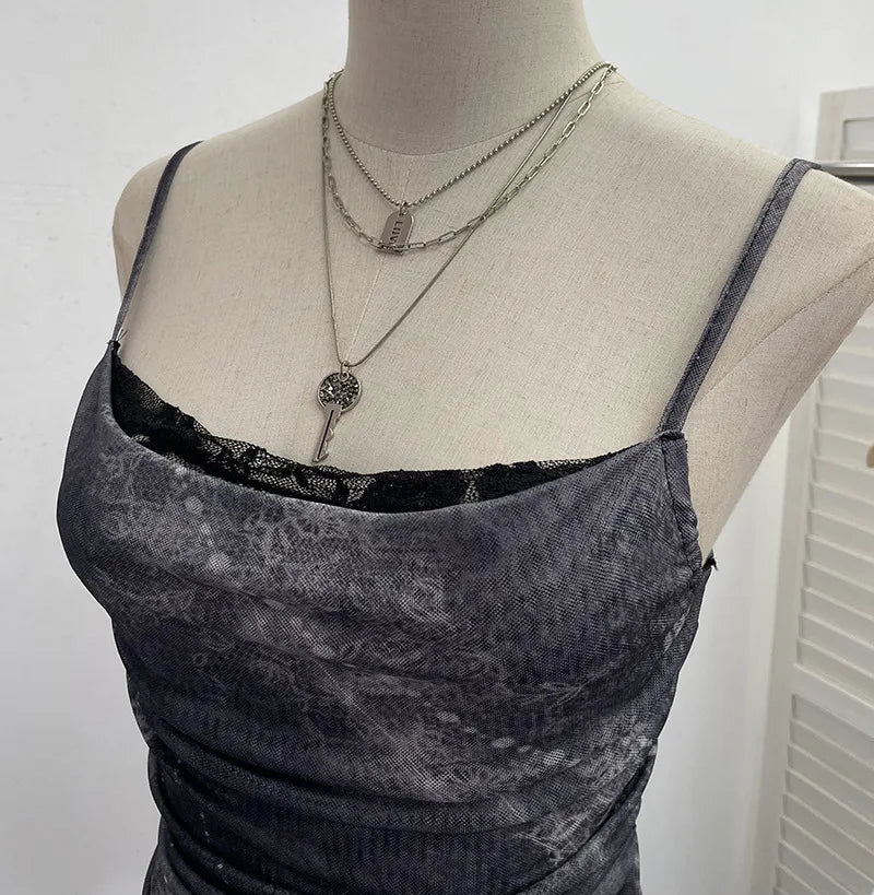 ISAROSE Summer Y2K Camisole for Women Casual Spaghetti Straps Double Layers Lace Stretch Mesh Patchwork Asymmetrical Slim Tops