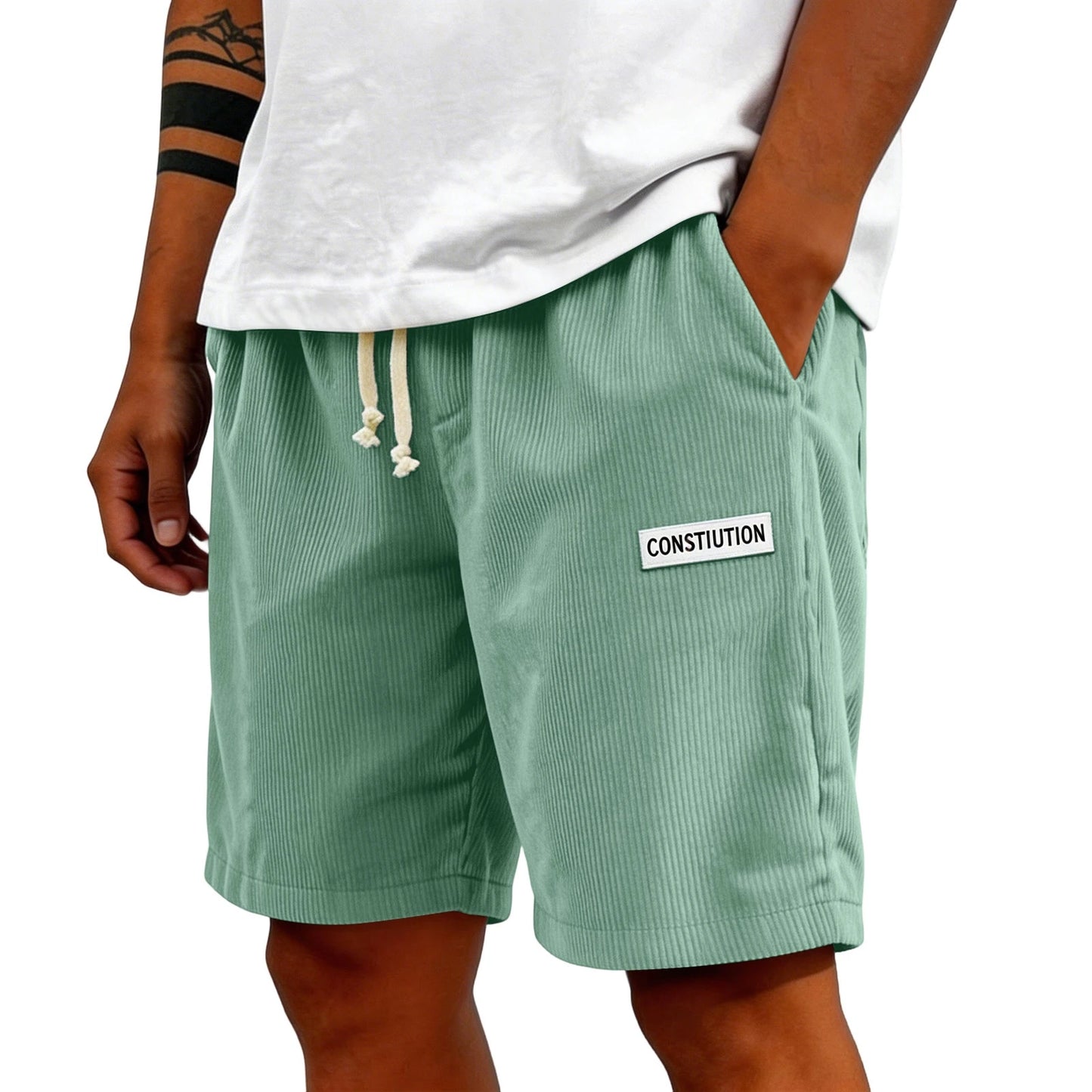 Men's Corduroy Casual Shorts Drawstring Elastic Waist Loose Fit Five-Point Shorts With Pockets Labelled Men's Bottoms Sporty