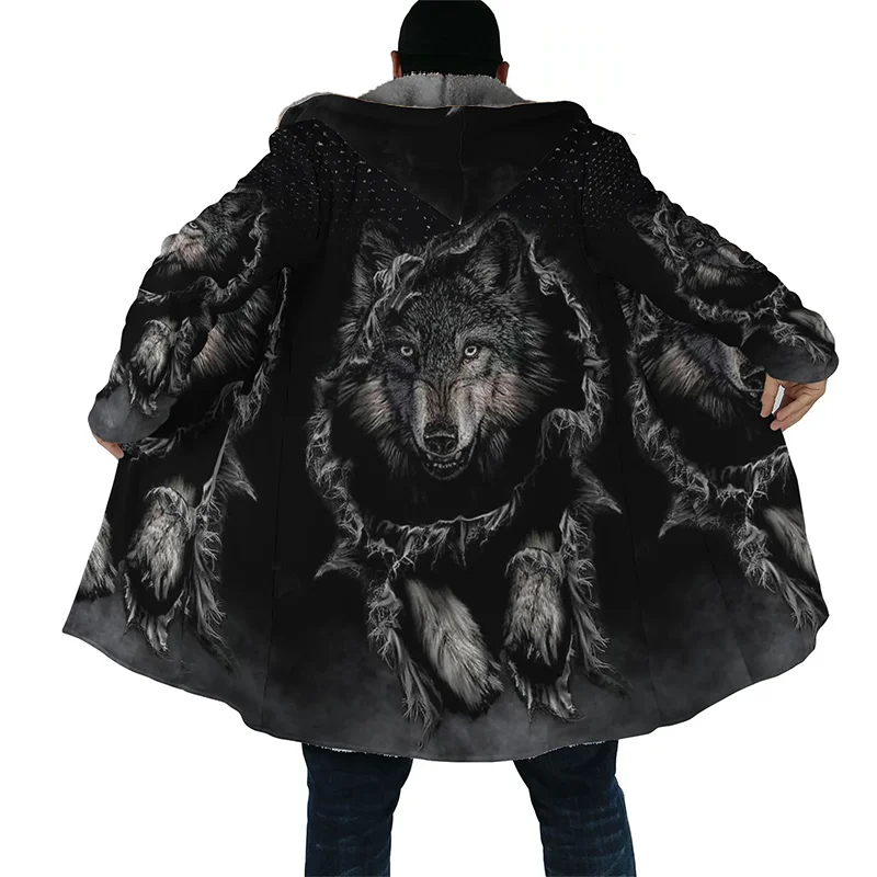 Men's Winter Jacket Wolf 3D Print Thick Warm Zipped Hoodie Male Coat Cape Robe Overcoat Parkas Invierno Hombre Blanket