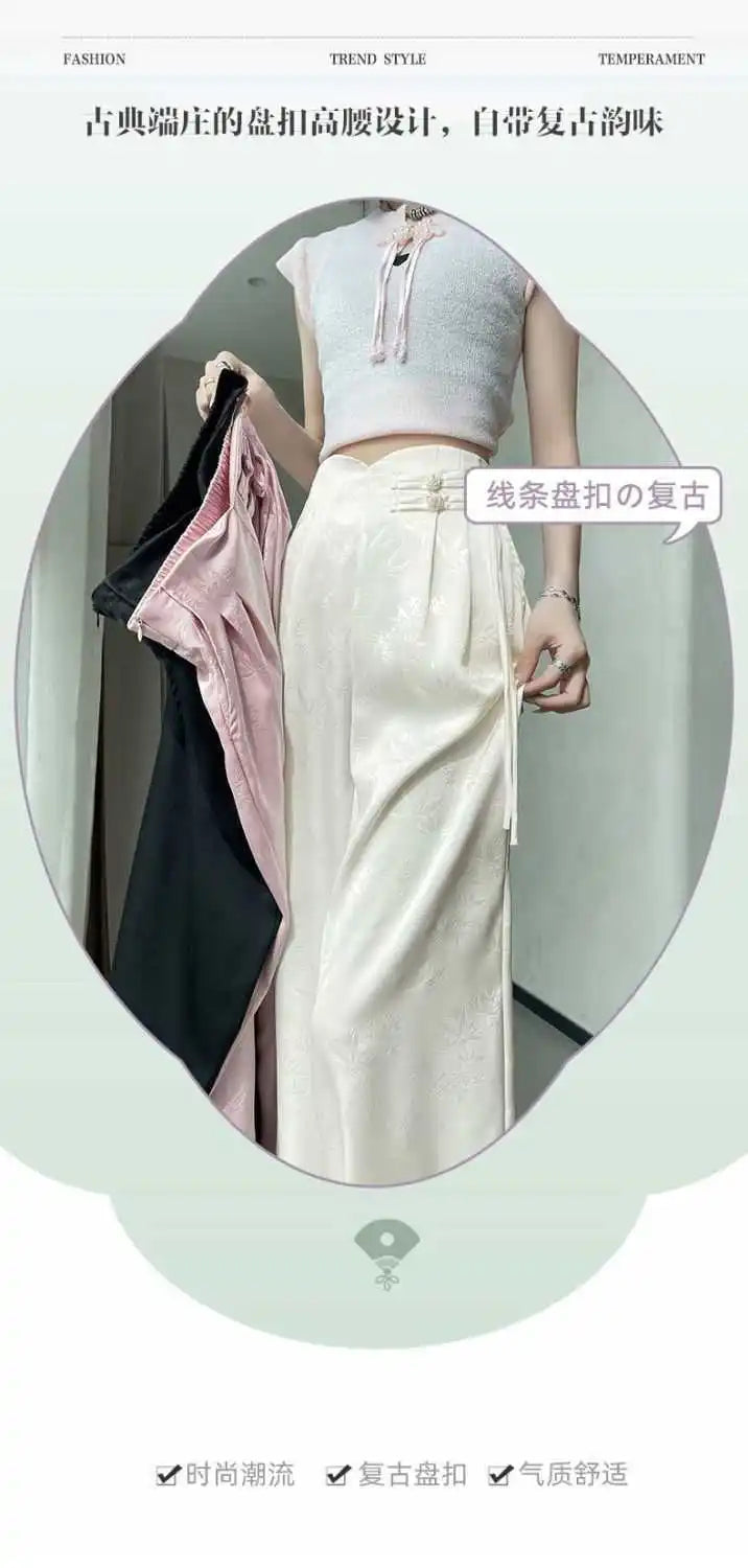 High Waist Loose Straight Pants with Button Knot Pocket New Chinese Style Satin Wide Leg Pants Spring Summer Trousers Pink Black