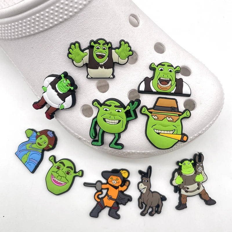 10PCS Shrek Cartoon Shoes Charms Set Fiona Donkey Puss in Boots Shoe Decorations for Clogs Sandals Funny Movie Shoe Accessories