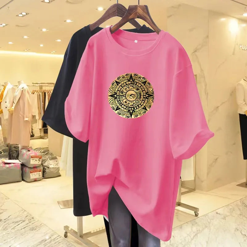 Women Fashion Pure Cotton Y2k Short Sleeve T-shirt Summer Casual Loose Paisley Printing Top Tee Office Lady Basic Pullover M-6XL