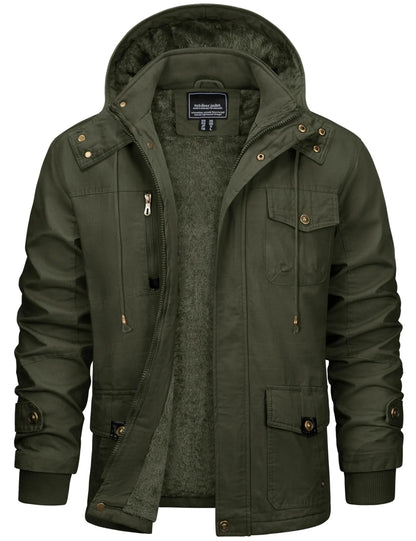 TACVASEN Mens Fleece Lined Winter Warm Jacket Detachable Hood With 6 Multi-Pocket Parka Coat Windproof Outdoor Hiking Daily Coat