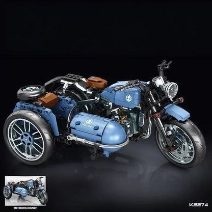 Retro sidecar motorcycle building block set, vintage three-wheeled motorcycle model with sidecar, MOC assembly building block to