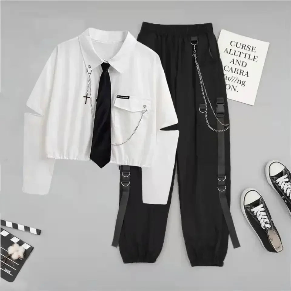 2 Two Piece Sets Outifits For Women New Suit Female Student Korean Loose Long Sleeve Shirt + High Waist Cargo Pants Joggers