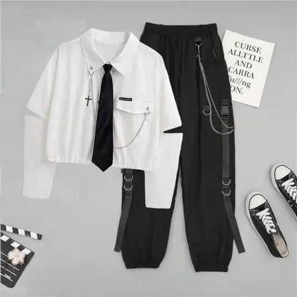 2 Two Piece Sets Outifits For Women New Suit Female Student Korean Loose Long Sleeve Shirt + High Waist Cargo Pants Joggers