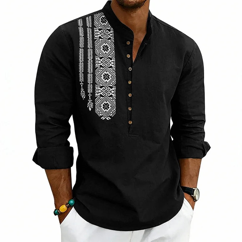 Spring and summer long-sleeved loose ethnic style linen printing breathable stand-up collar breasted long-sleeved shirt men