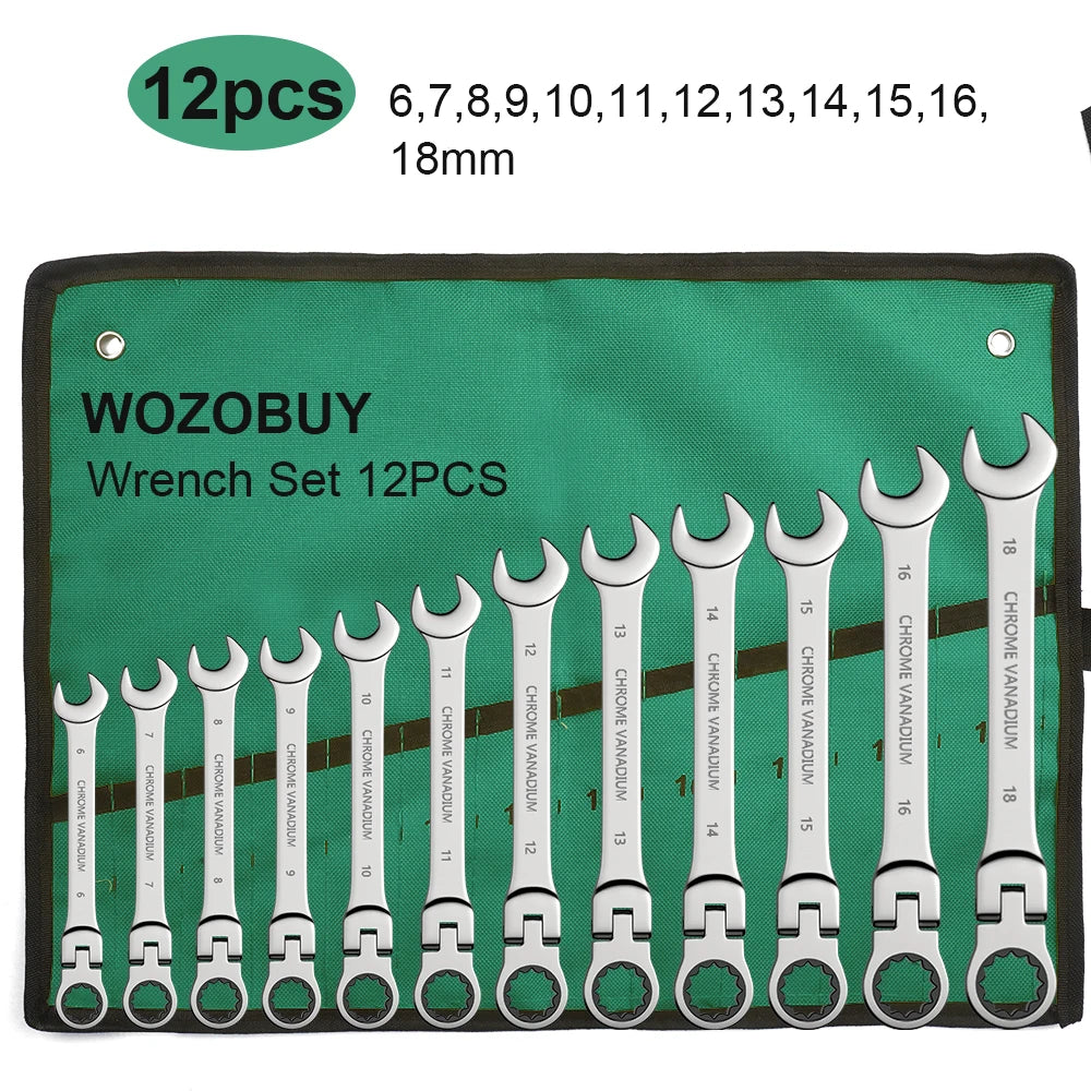 Ratchet Spanner Wrench Set Gear Ring Ratcheting Combination Wrench Kit Metric Flexible Head with Canvas Bag  Metric Flex Head