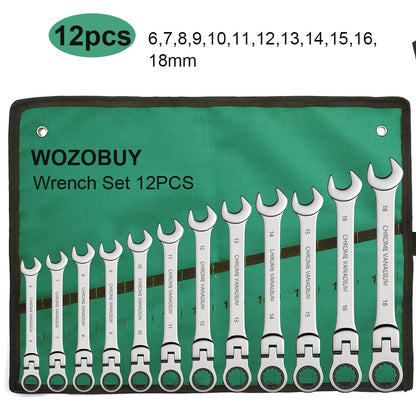 Ratchet Spanner Wrench Set Gear Ring Ratcheting Combination Wrench Kit Metric Flexible Head with Canvas Bag  Metric Flex Head