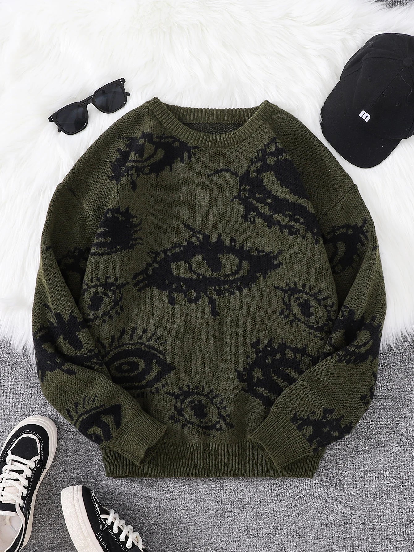 New Trendy Autumn and Winter Abstract Eye Jacquard Pattern Pullover Sweater Casual Round Neck Knitted Men's Pullover