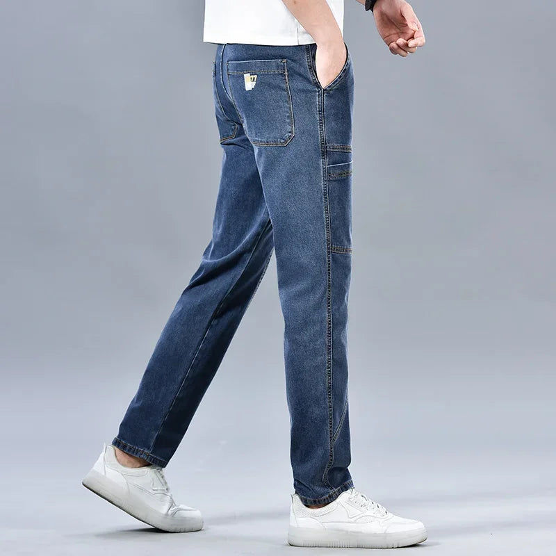 Design Jeans Men's Autumn New Multi-Pocket Fashion Stretch Straight Cotton Casual Denim Trousers Brand Clothing Male Blue Black