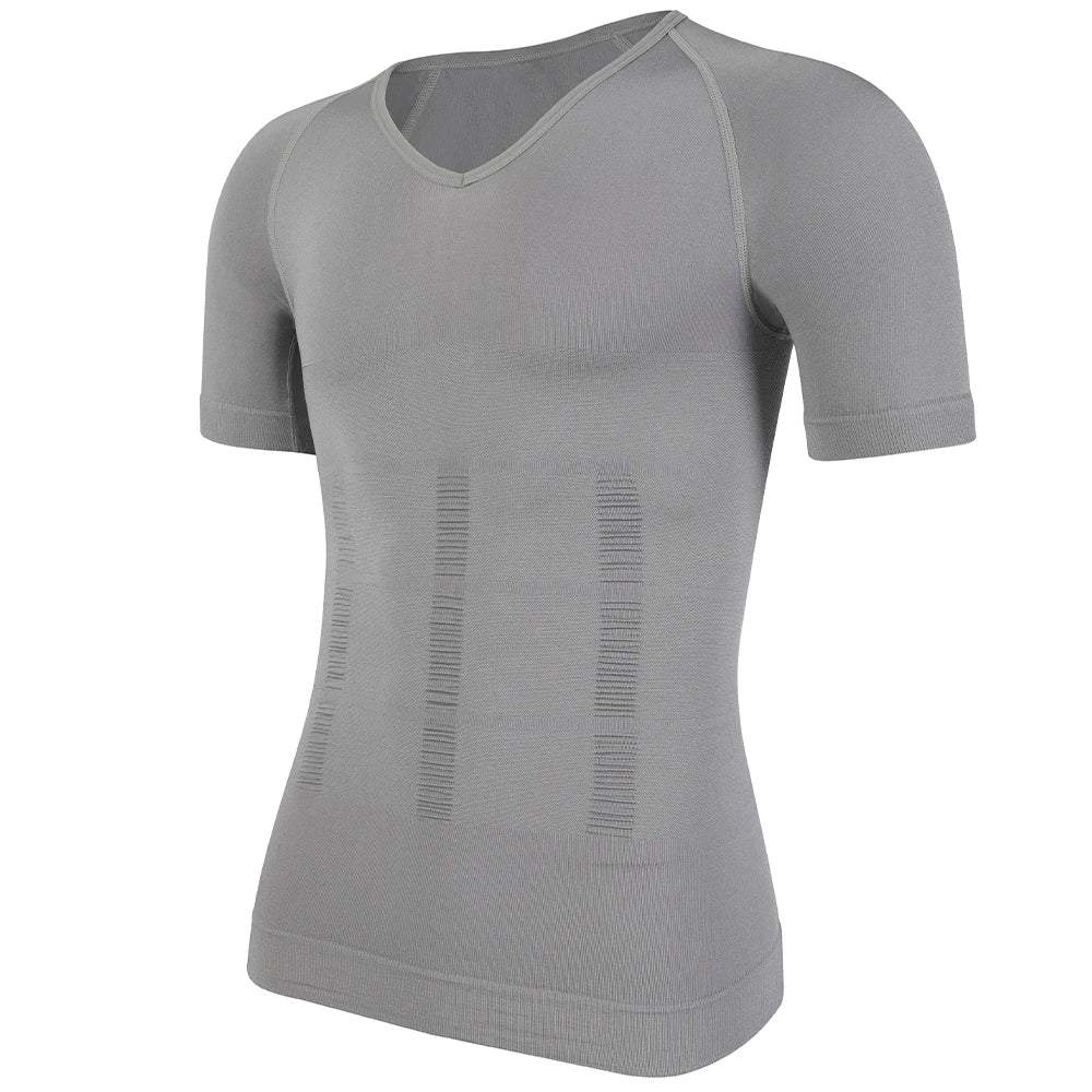 Men V-Neck Compression Shapewear Shirt Tummy Control Slim Body Shaper Short Sleeve Undershirt