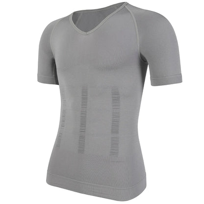 Men V-Neck Compression Shapewear Shirt Tummy Control Slim Body Shaper Short Sleeve Undershirt