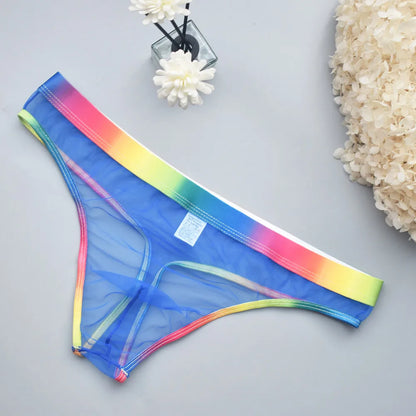 Transparent Mesh Men's Thongs with Rainbow Waistband - Sexy Breathable Underwear Perfect for Special Nights & Casual Use