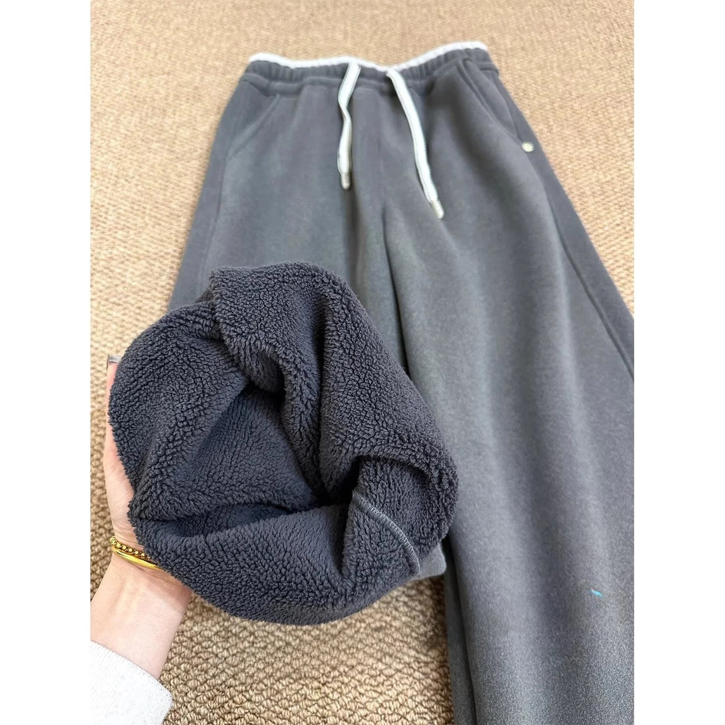 High Waist Fleece Lined Thick Wide Leg Pants Loose Fit Windproof Warm Casual Straight Cut Trousers for Women in plus Size