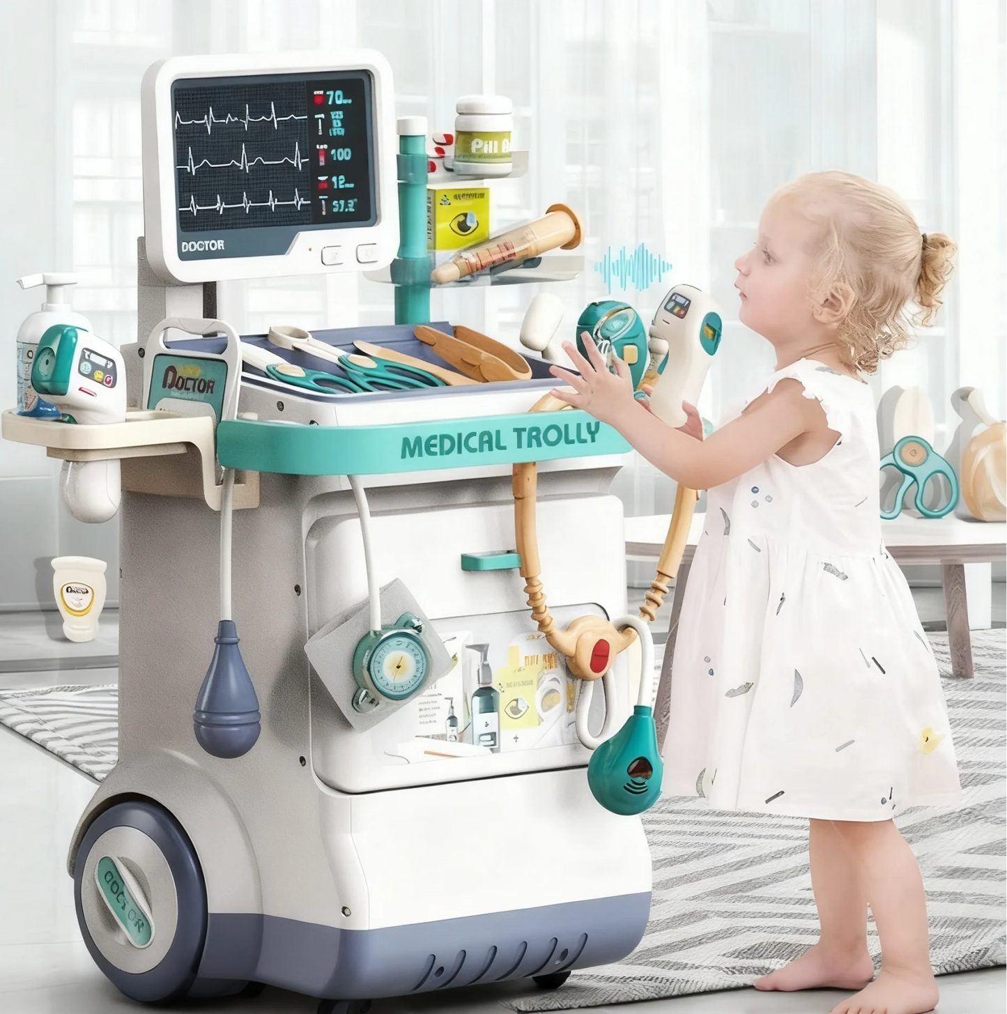Doctor Kit Set Mobile Medical Station Cart with Injection Stethoscope Hospital Tool Doctor Role Play Toy Kid Birthday Xmas Gifts