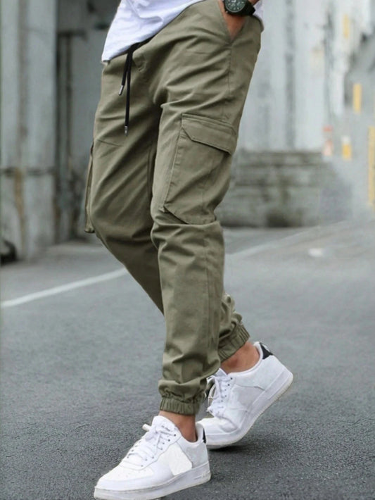 2026 Spring/Autumn New Men's Solid Color Casual Drawstring Pocket Work Pants Outdoor Loose and Comfortable Sports Jogging Pants